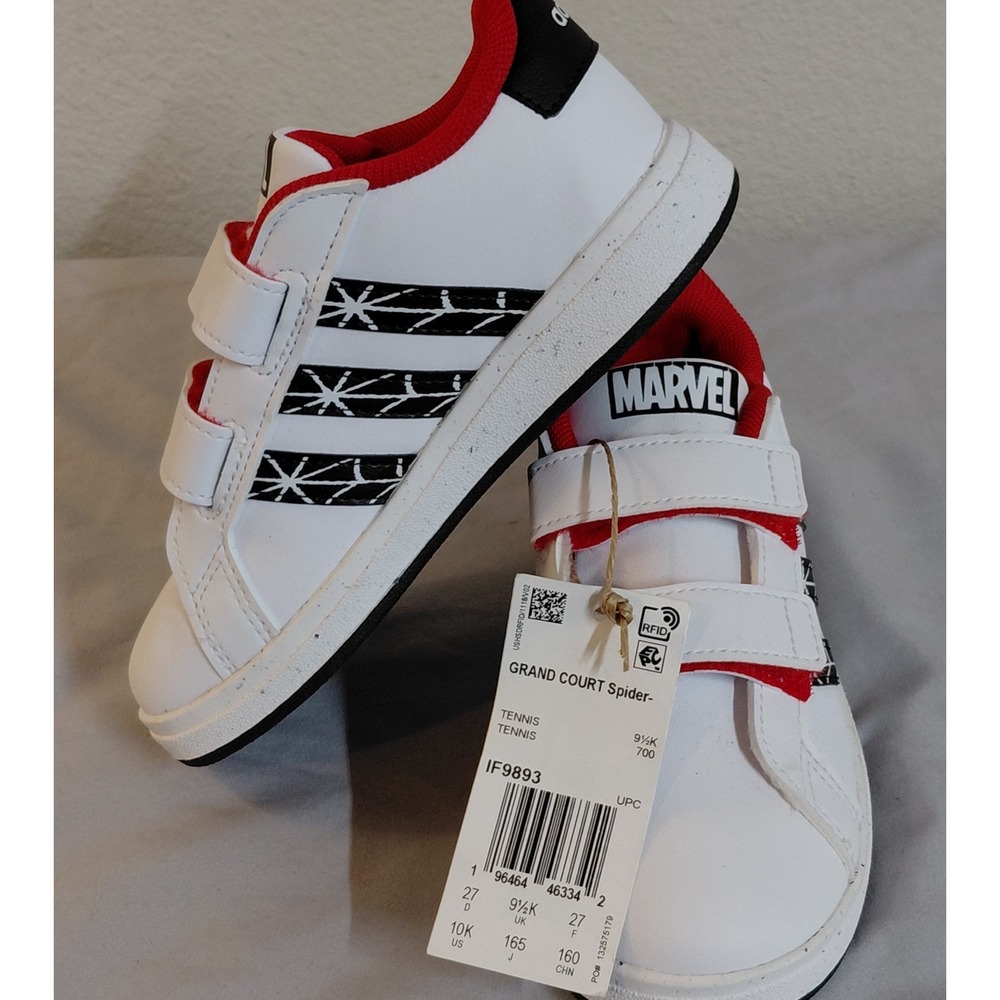 adidas Grand Court Spider-Man Marvel Kids Shoes White Red Black Size 10K NWT